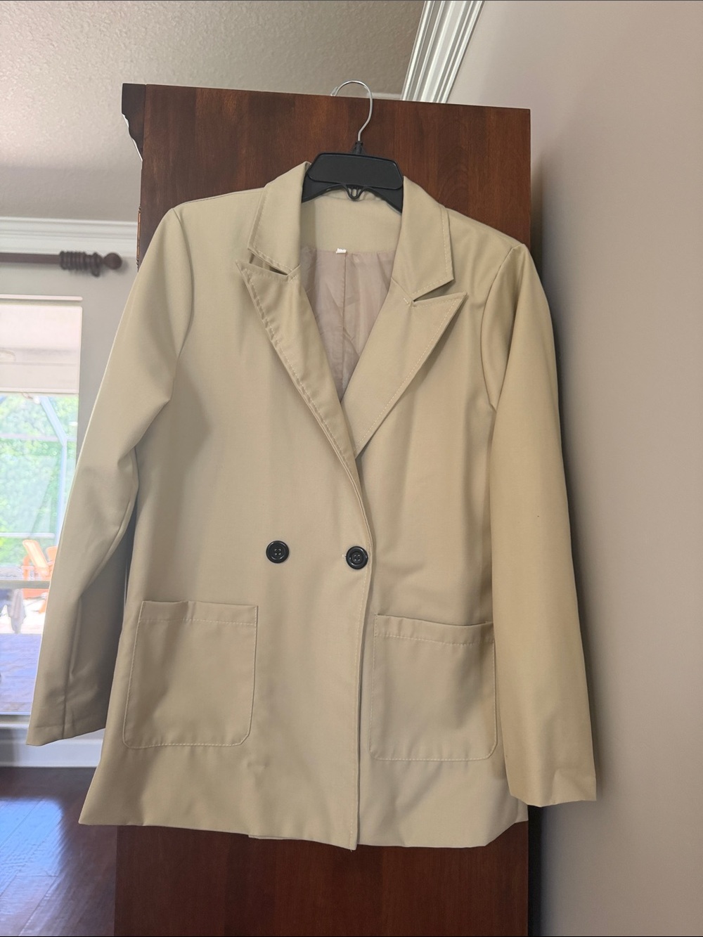 Women's Tan Double-Breasted Blazer Jacket